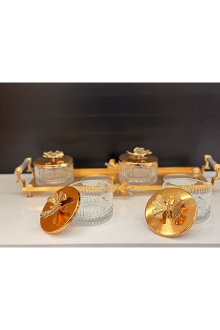 Bella Kelebek Kapaklı Kulplu 4 Bölmeli Sunumluk Çerezlik Kahvaltılık Reçellik