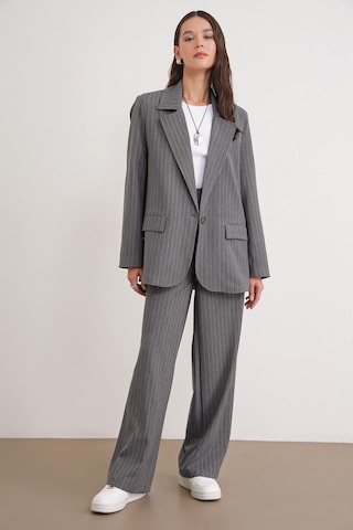 4753 Kadın Çizgili Oversize Blazer Ceket Gri Gri