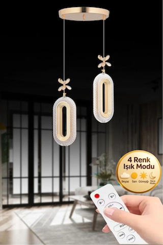 LumiaLighting Eclipse Model 2'li Gold Kumandalı 3 Renk Modu Ledli Kristal Taşlı Modern Salon Mutfak Oturma Odası Led Avize Altın