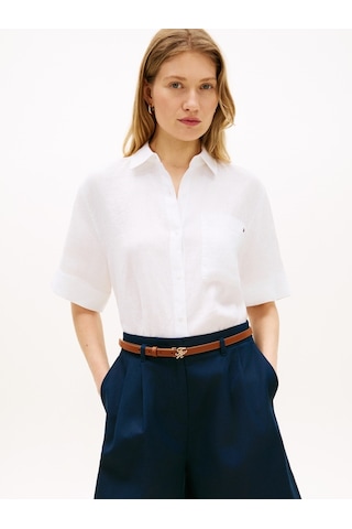 Tommy Hilfiger Ess Lınen Ss Shırt Kadın Beyaz Kk Gömlek - Ww0ww48925