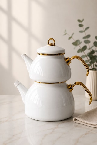 Premium Dembu Emaye Çaydanlık Demlik Seti White Gold-6374 Beyaz