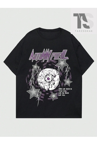 Startmore Goth Erkek Alfabe Ve Beş Köşeli Yıldız Baskılı T-shirt Siyah