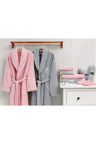 Özdilek Wedding Terlikli Aile Bornoz Seti Takımı Gri/Pudra