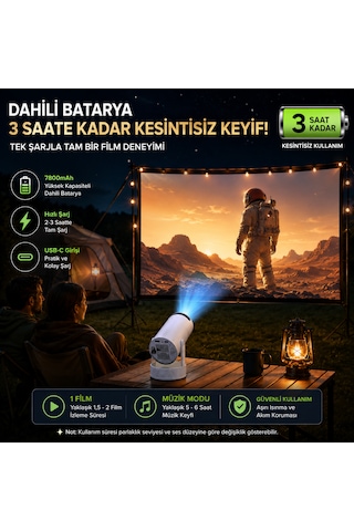 Teknomie 4k Destekli Mini Akıllı Projeksiyon Cihazı Dahili Bataryalı Wifi 6 Bluetooth 5.2 Taşınabilir Projektör