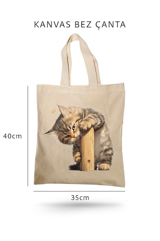 Lunora Collectıon Sevimli Kedi Baskılı Kanvas Bez Çanta Ham Renk