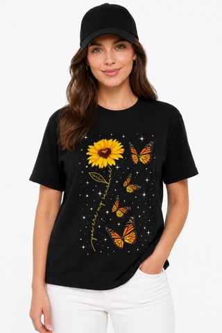 Bayloranzzo Sunflower %100 Pamuk Heavy Cotton Premium Kalite Kadın Tişört Siyah