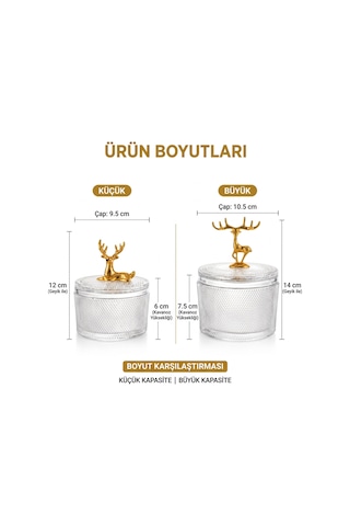 Geyik Detaylı 2'li Cam Şekerlik Takımı Gold Kapaklı Yılbaşı Hediyesi Lokumluk Çerezlik Dekoratif Sunum Seti Beyaz