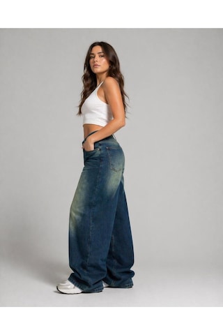 St.poll Eskitme Füme Yıkamalı Unisex Büyük Beden Baggy Jean Pantolon Yeşil
