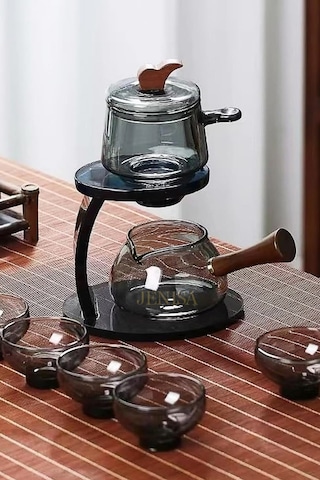 Borosilikat Cam Demlik Seti Zen Çaydanlık Döndür Akıt Sistemi Sihirli Bitki Çayı Demliği Antrasit