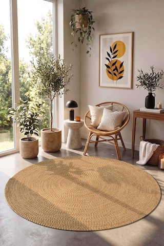 Vintora Vintage Desenli Yuvarlak Daire Dekoratif Örgü Kilim Kahverengi