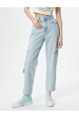 Koton Kargo Kot Pantolon Straight Jean Yüksek Bel Düz Paça Cepli Pamuklu - Eve Jean Bleach 4sal40011md Açık Mavi