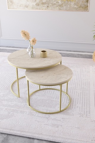 Milas Orta Sehpa 75-60 Cm Mat Gold Metal - Traverten Desen Tabla Gold Traverten