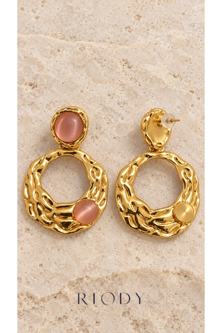 Riody Rose Velours Gold Renkli Pudra Pembe Kedi Gözü Görünümlü Kadın Küpe Altın - Sarı