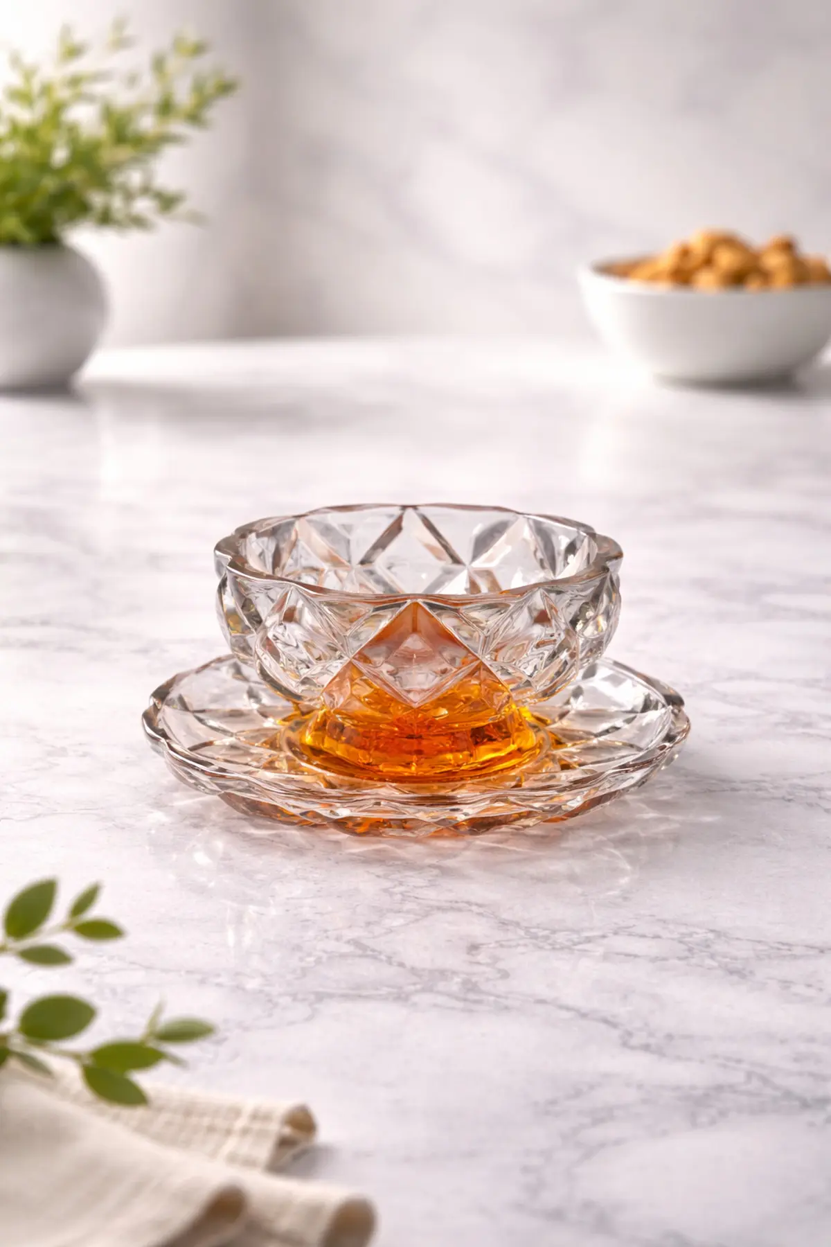 12 Parça Kristal Cam Renkli Çerezlik Kase Tabak Amber - Turkuaz