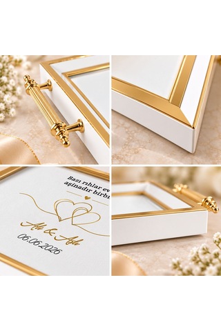 Bk Gift Kişiye Özel Beyaz&gold Söz Nişan Tepsisi-2 - 39x23 Cm Çok Renkli