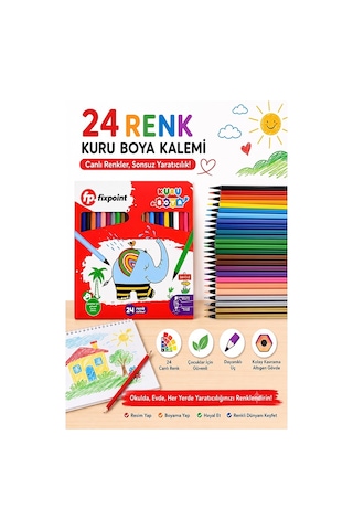 24 Lü Kuru Boya Kalemi Karton Kutu 1 Paket Fixpoint 24 Renk Kuruboya Tam Boy Canlı Renkli Boya Kalem Okul Öğrenci Çok Renkli
