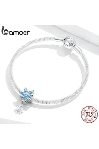 Bamoer Hakiki 925 Ayar Gümüş Mavi Cz Denizyıldızı Kolye Charm Fit Orijinal Bilezik Dıy Takı Gümüş