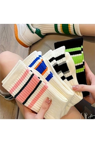 Trampler Pamuklu Çemberli Çizgili Kolej Tenis Unisex Çorap 5 Çift - Çok Renkli