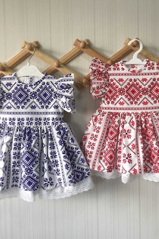 Fırfır Detaylı Etnik Desenli Poplin Kırmızı Beyaz Kız Çocuk Bebek Elbise 001