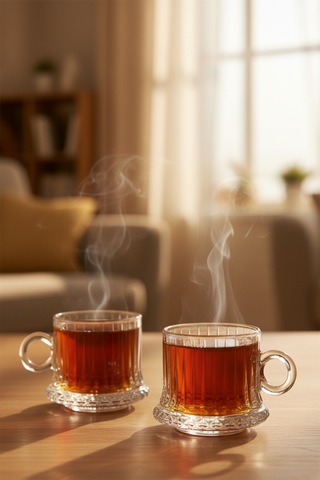 6 Kişilik Kristalize Desen Şık Tasarım Cam Kulplu Çay Takımı Şeffaf