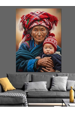 Ahşap Tablo Köylü Yaşlı Kadın Çocuk Taşıyor