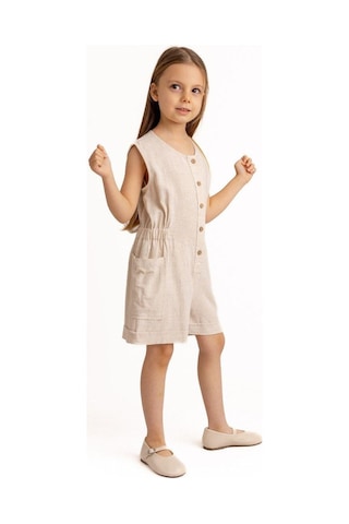 Cigit Yanları Cepli Kısa Boy Keten Tulum 2-7 Yaş Naturel Beyaz