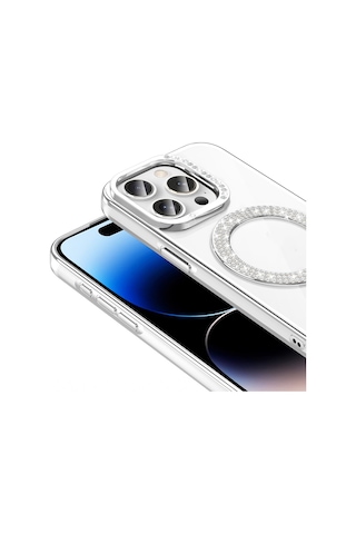 Apple Uyumlu iPhone 14 Pro Max Kılıf Pırlanta Taş Tasarımlı M-safe Şarj Özellikli Zore Karetta Silikon Kapak Rose Gold