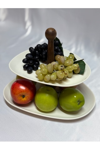 Aless 2 Katlı Asimetrik Tasarım Ahşap Kulplu Sunumluk Meyvelik Çe