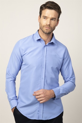 Tudors Slim Fit Uzun Kollu Kolay Ütü Teri Emen Nefes Alan Doku Kravatlık Dört Mevsim Erkek Gömlek Mavi