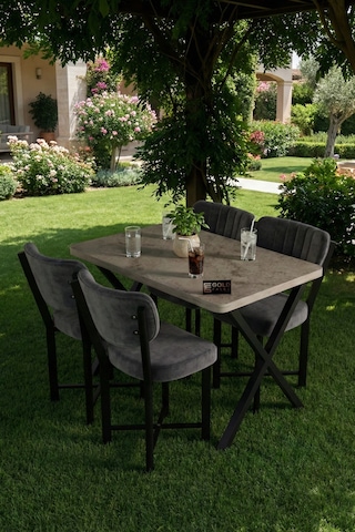Reyo Falez Elma 110x70 Cm Masa Takımı 4 Sandalyeli Modern Mutfak Balkon Kafe Yemek Masası Seti Traverten - Antrasit 9887