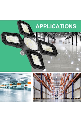 Teltree E27 100w Endüstriyel Led Garaj Lambası - 4 Kanatlı Katlanabilir, Su Geçirmez, 6000k Soğuk Beyaz, Yüksek Güçlü Tavan Aydınlatması