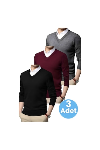 Tezzgelsin 3'lü Erkek V Yaka Uzun Kol Triko Tüylenmez Süveter Erkek Slim Fit Süveter Siyah - Bordo - Füme