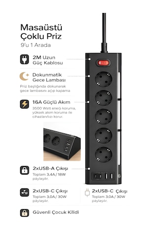 3680w 1050j Akım Korumalı 5li Priz 2 Usb 2 Type-c 3.4a Dokunmatik Led Anahtarlı 2m Kablo Çoklu Priz Siyah