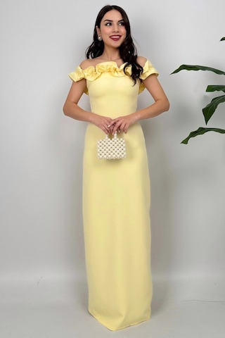 Arlina Madonna Yaka Göğüs Büzgülü Uzun Sarı Abiye Elbise Sarı