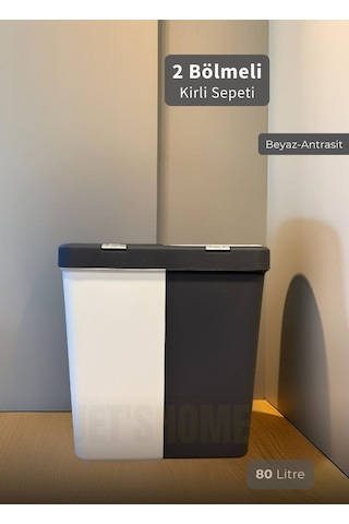 2'li Kirli Sepeti İki Bölmeli Çamaşır Sepeti Antrasit-beyaz Renkliler-beyazlar Sepeti 80 Lt. Antrasit Beyaz