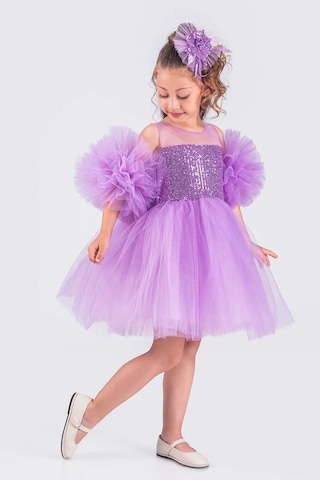 Kız Çocuk Abiye Elbise Ponpon Kol Pul Payetli Tütülü Lila