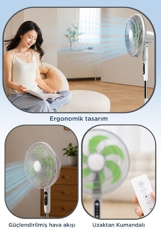 Vantilatör 6 Pervaneli 3 Kademeli Kumandalı Dijital Ekranlı Ayaklı 16 Inc 50w Fan Beyaz