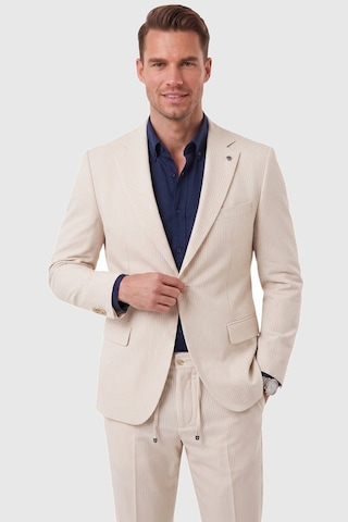 Rizzup Erkek Slim Fit Dar Kesim Çizgili Gofre Kumaş Bej Takım Elbise Tek Düğme İpli Pantolon 2602311