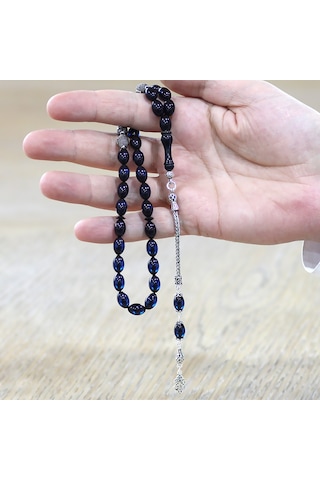 Tesbihname Sıkma Kehribar Tesbih - 925 Ayar Gümüş Püsküllü - Özel Hediye Kutulu - Arpa Kesim - Lacivert Renk