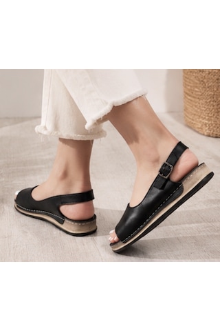 N Napa Shoe Np.306.siyah Deri Sandaletnapa Shoe Hakiki Deri Kadın Günlük Sandalet Ayarlanabilir Tokalı Siyah Comfort Model