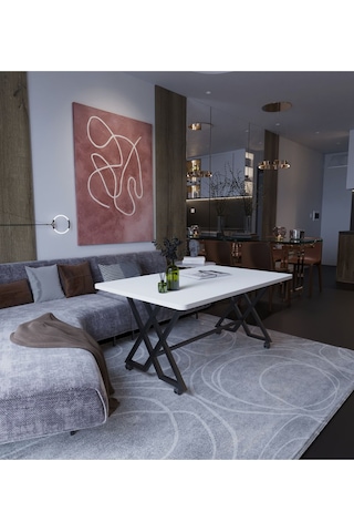 Makbulce Reyyan Orta Sehpa Siyah Metal Ayak Tekerlekli Beyaz