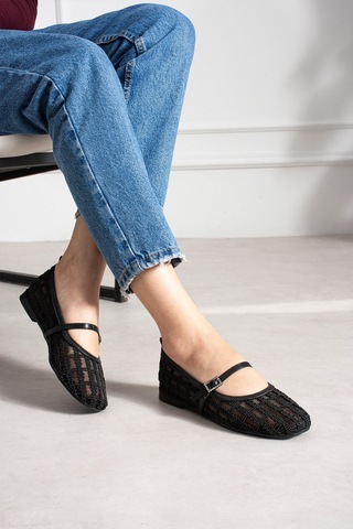 Dabab Shoes Rıvena Kadın Siyah Tül Üzeri Nakış Detaylı Kare Burun Üstten Bantlı Düz Taban Mary Jane Babet