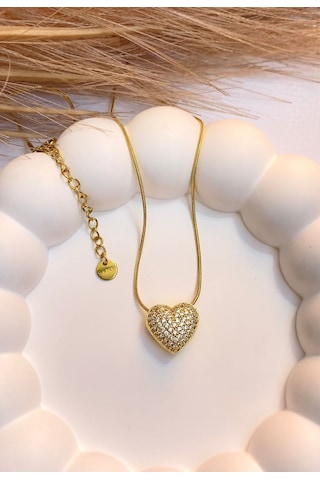 Altın / Gold Renk Zirkon Taşlı Kalp Figürlü 316l Çelik Kolye Gold