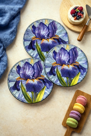 Mor İris Çiçek Desenli Pasta Tabağı 6 Adet, 20 Cm Modern Sanatsal Sunum Tabağı