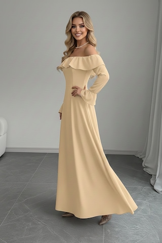 Defymoda Kadın Modern Kesim Fırfır Detaylı Elbise Bej
