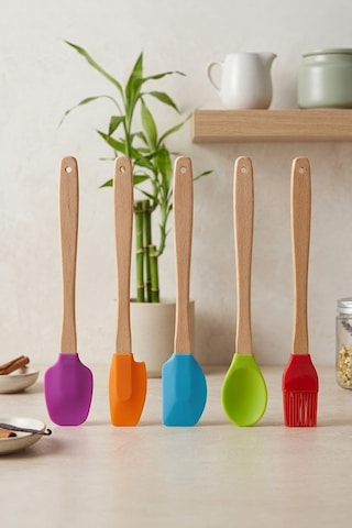 5'li Silikon Ve Bambu Saplı Mutfak Gereçleri Seti-spatula,fırça Servis Maşa Seti Çok Renkli