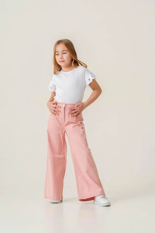 Magu Kız Çocuk Pamuklu Beyaz Fırfır Kollu T-shirt Pembe Nakışlı Bol Paça Pantolon Takım Çok Renkli