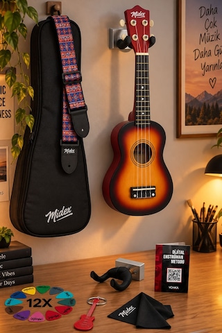 Midex Ukx-901sb Sunburs Soprano Ukulele Askı Çanta Metod Pena