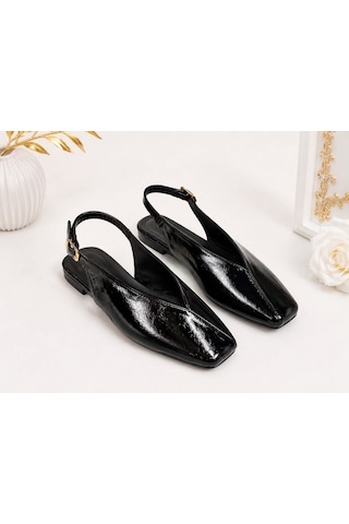 Dabab Shoes Lıvora Kadın Siyah Kare Burun Tokalı Düz Taban Slingback Casual Babet Ayakkabı