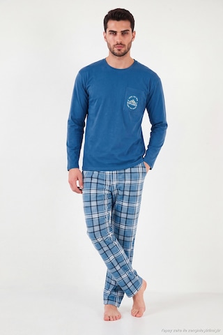 Buratti Ekoseli Pamuklu Bisiklet Yaka Pijama Takımı Erkek Pijama Takımı 6575007 Mavi